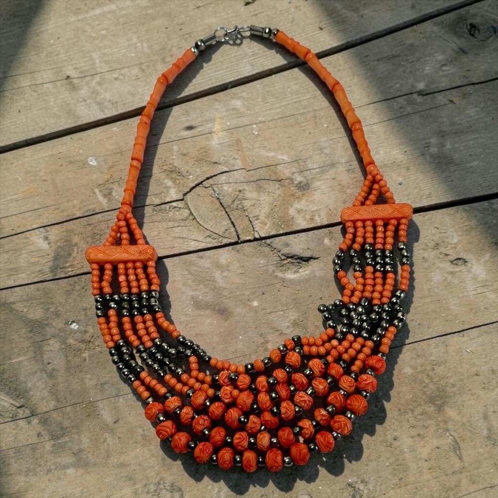 Layered Bib 23" Necklace Salmon Pink Color Multi Strand Carved Rose Bead